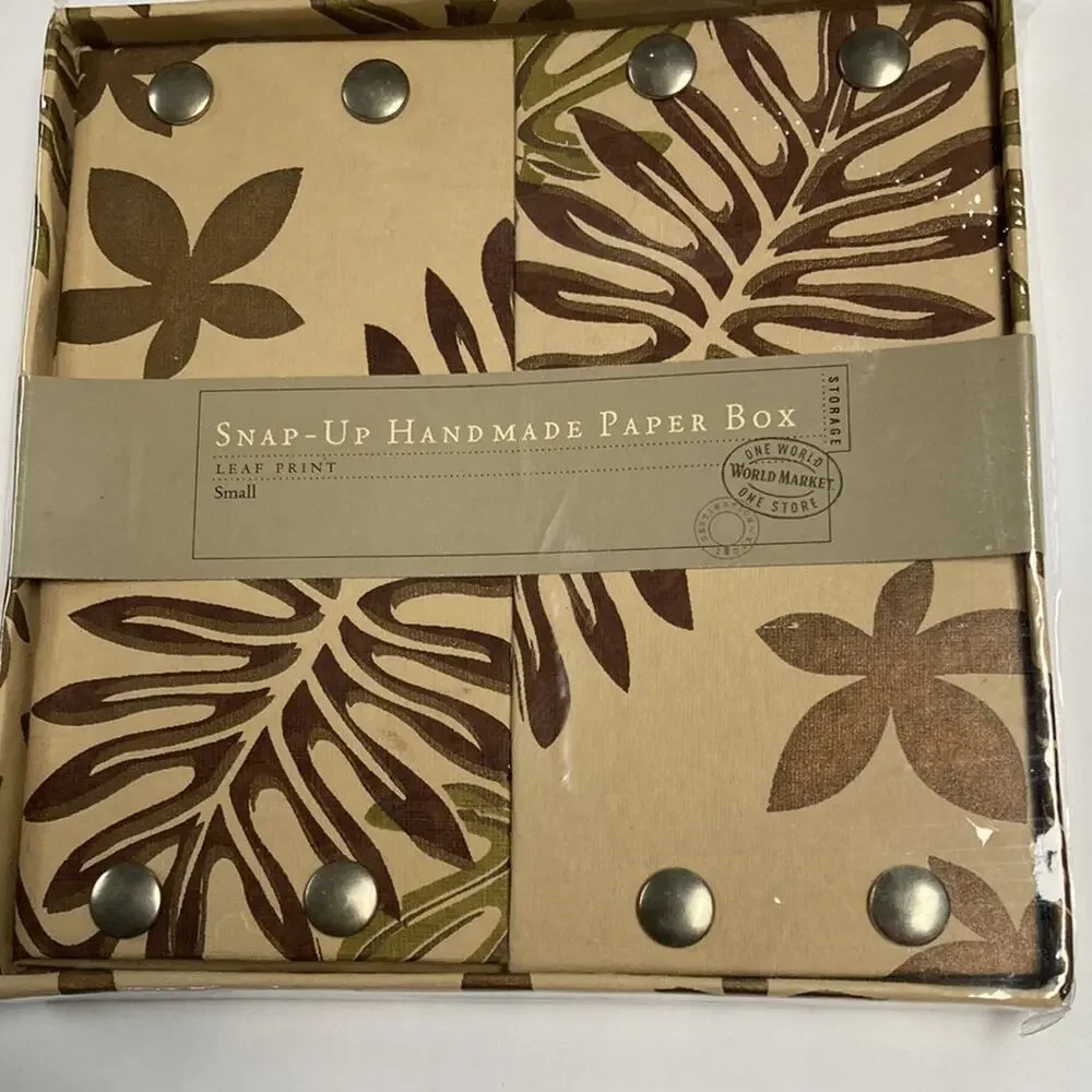 World Market Snap-Up Handmade Paper Box Leaf Print Small Storage